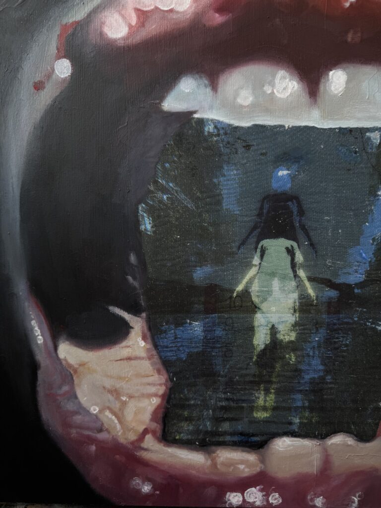 Detail view of Through Here, showing layered oil paint, transferred photographic imagery and textured surfaces on wood panel.