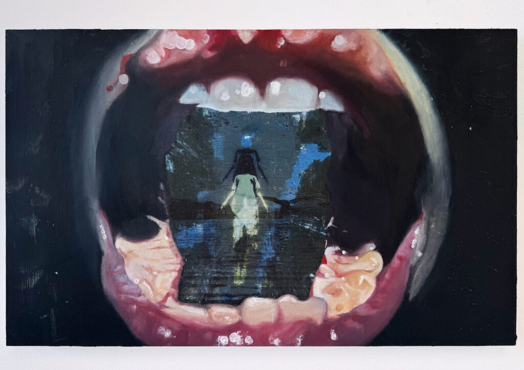 Through Here. An oil and photo transfer work on wood panel featuring layered photographic imagery, painted forms and partially obscured surfaces.