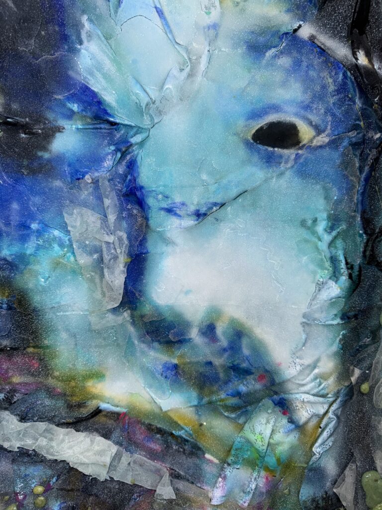 Detail view of Retreatung Surface, 2026, showing translucent soap, UV resin, organza, foam and airbrushed material textures.
