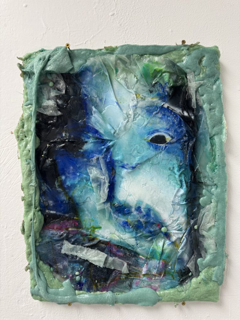 Retreatung Surface, 2026. A mixed-media work combining clear soap, UV resin, organza, gum foam and airbrushed surfaces.