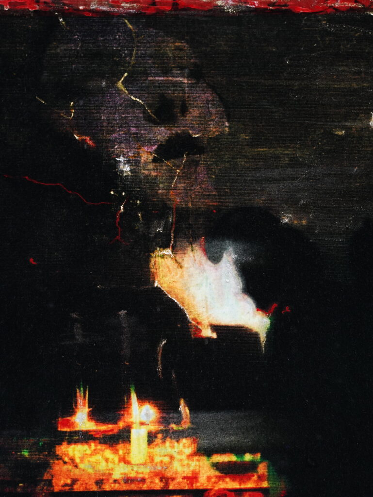 Detail view of The Living and the Buffering, 2026, showing reactive dye imagery, acrylic-painted surfaces and areas of gold pigment on velvet.