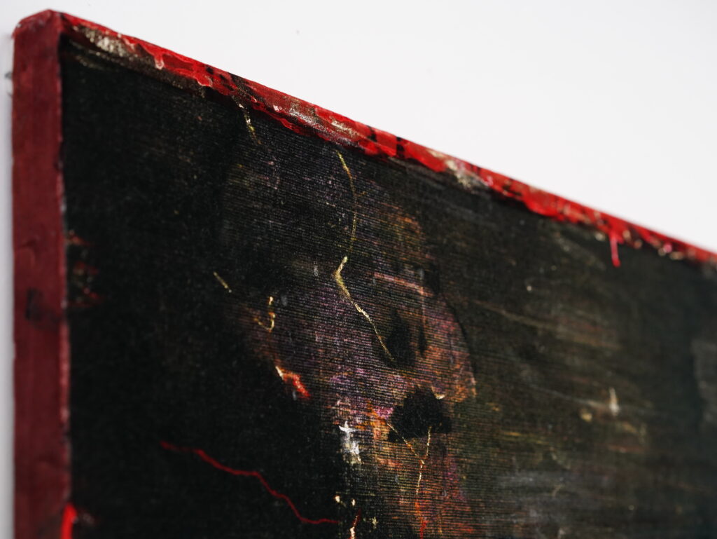Detail view of The Living and the Buffering, 2026, showing reactive dye imagery, acrylic-painted surfaces and areas of gold pigment on velvet.