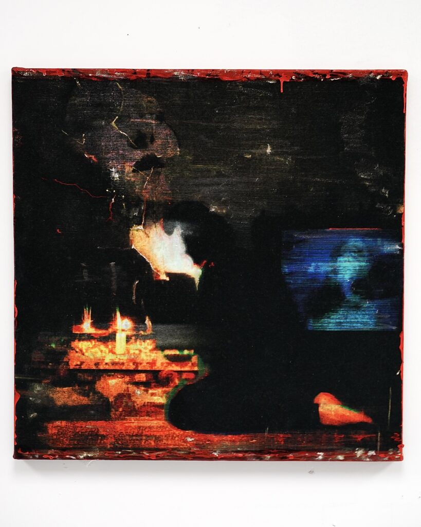 The Living and the Buffering, 2026. A mixed-media work combining reactive dye on velvet, acrylic and gold pigment, with layered and shifting imagery.