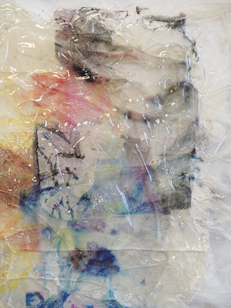 Detail view of Honest Damage, 2026, showing translucent organza, screenprinted imagery, glass wax and layered material textures.