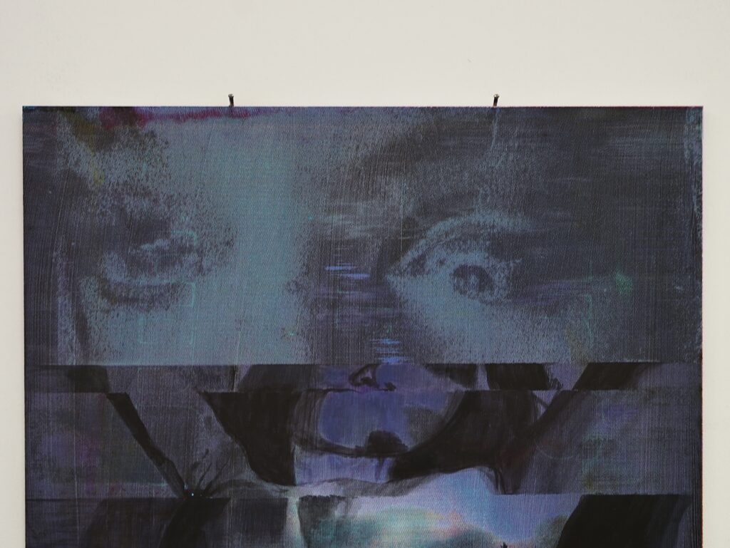 Detail view of Below Threshold, 2026, showing layered screenprint, photographic transfer and acrylic-painted textures on wood panel.