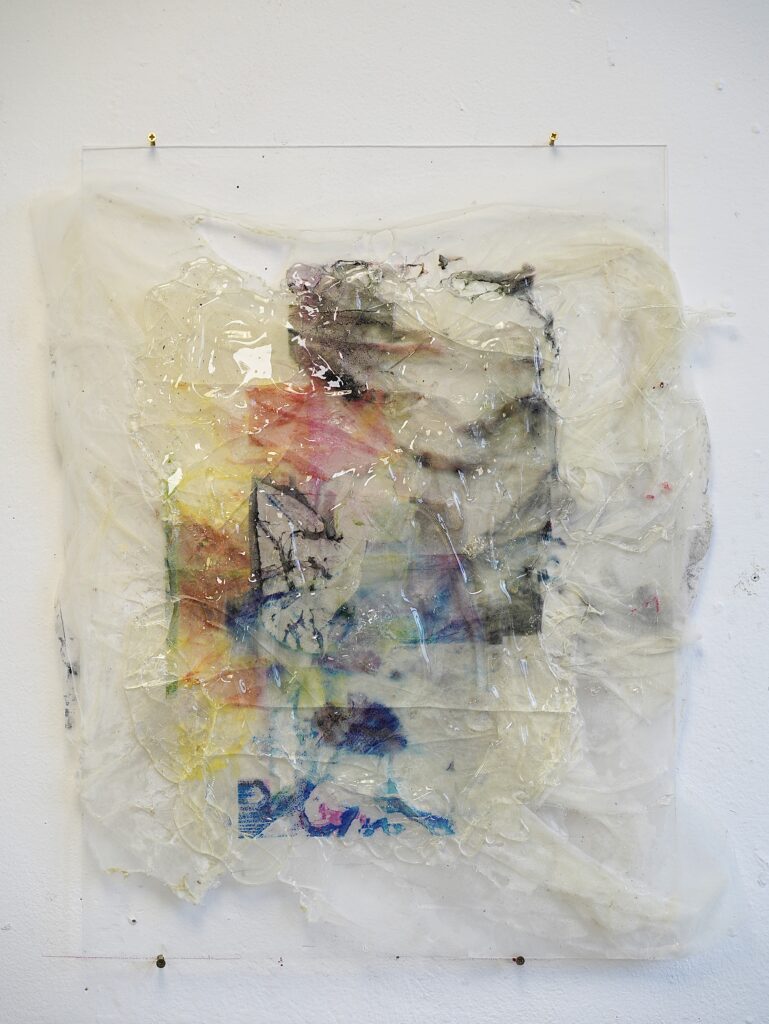 Honest Damage, 2026. A layered work combining screenprint and glass wax on translucent organza with acrylic board.