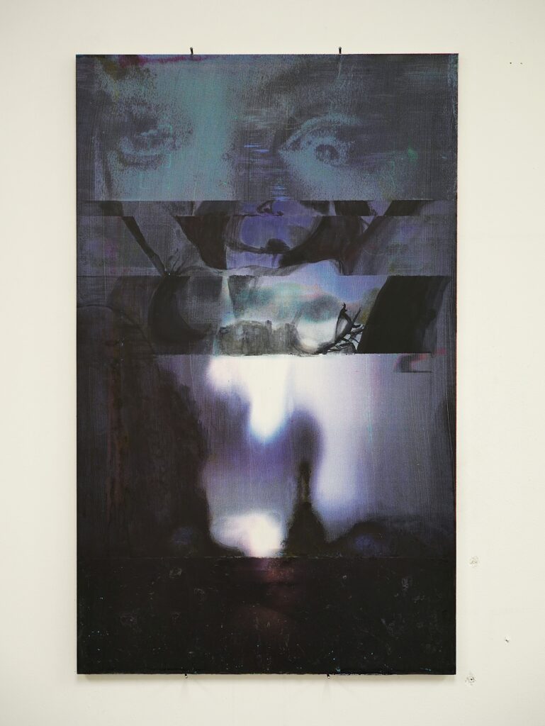 Below Threshold, 2026. A layered work on wood panel combining screenprint, photo transfer and acrylic paint, with fragmented and partially obscured imagery.