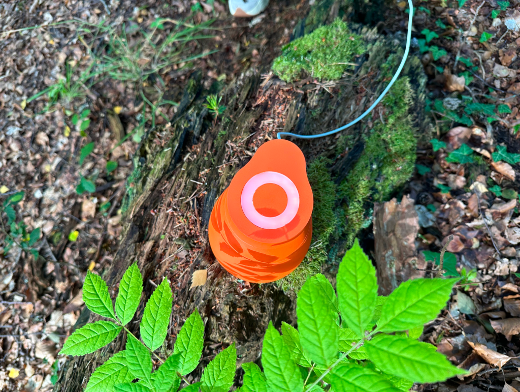 Orange Respiration Check device positioned on mossy deadwood outdoors, with its circular light indicator illuminated.