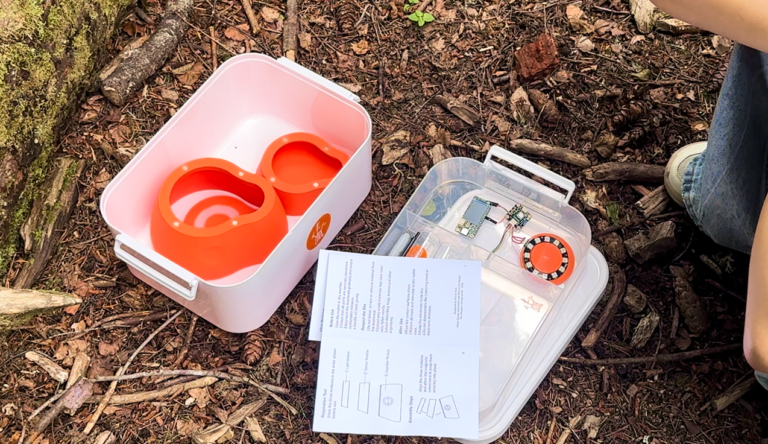Deadwood Noticing Toolkit with its tools, instruction sheet and storage box arranged on the woodland floor.