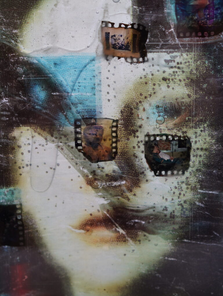 Detail view of Blind Spot Inventory, 2026, showing layered imagery, fragmented textures and mixed-media material traces.