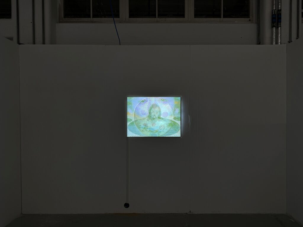Installation view of Soft Captivity, 2026, showing layered digital imagery, a blurred female face, screen-like textures and illuminated translucent surfaces.