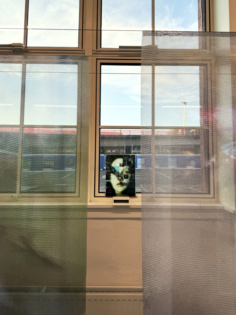 Installation view of Blind Spot Inventory, 2026, shown within the Slow Tide degree show alongside other layered and mixed-media works.