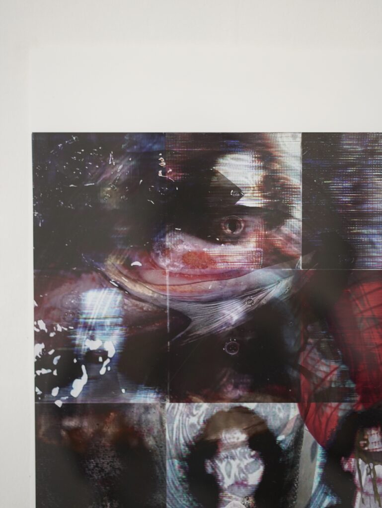 Detail view of Temporary Monument, 2026, showing layered digital imagery, illuminated colour and translucent textures printed on backlight film.