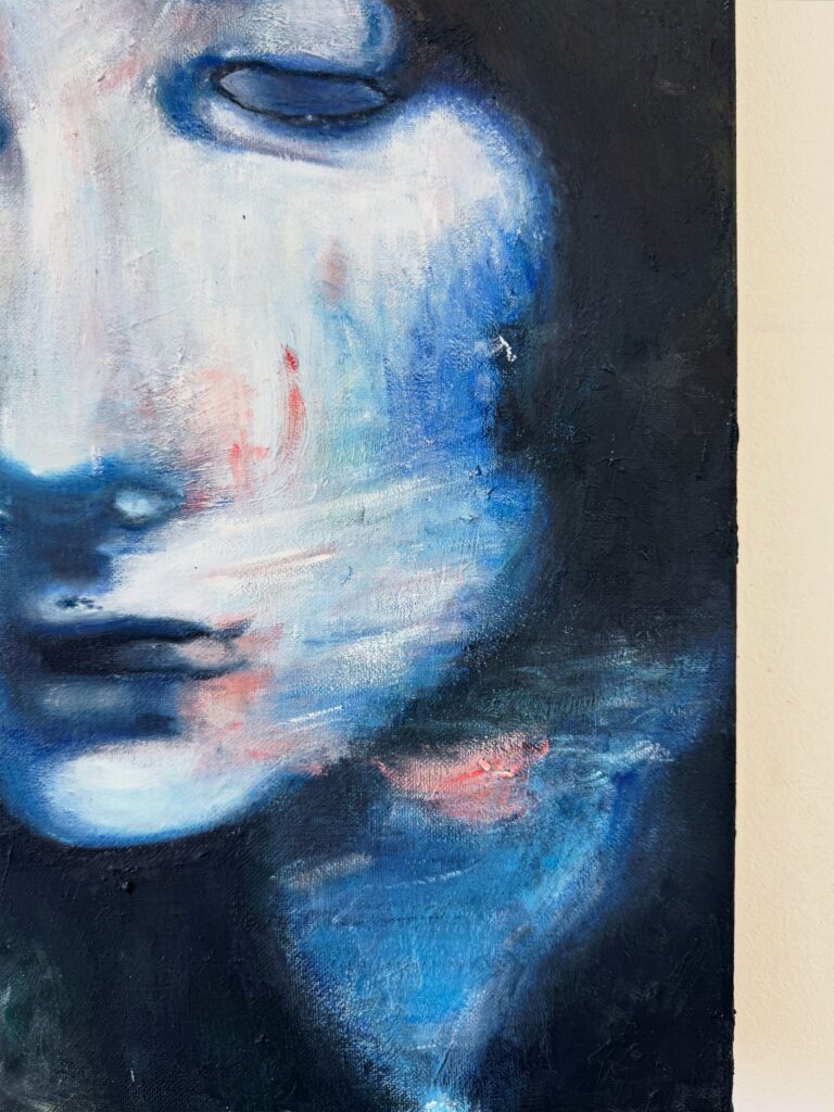 Detail view of Before the Night Recognised Me, 2026, showing layered oil-painted surfaces and partially obscured imagery emerging from dark tones.