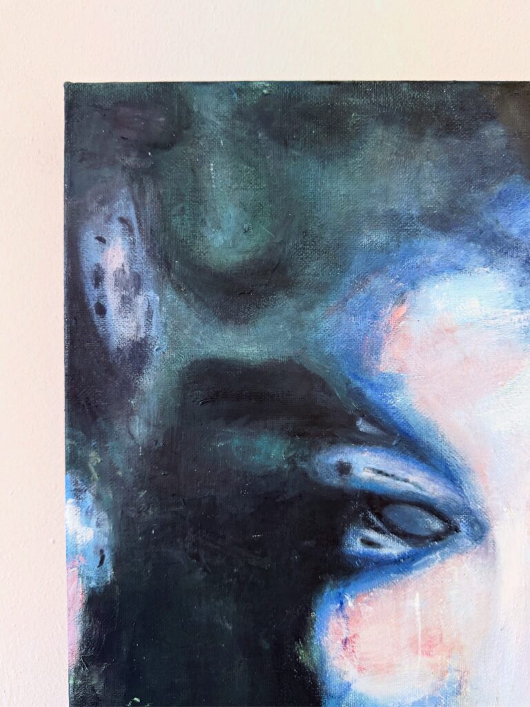 Detail view of Before the Night Recognised Me, 2026, showing layered oil-painted surfaces and partially obscured imagery emerging from dark tones.