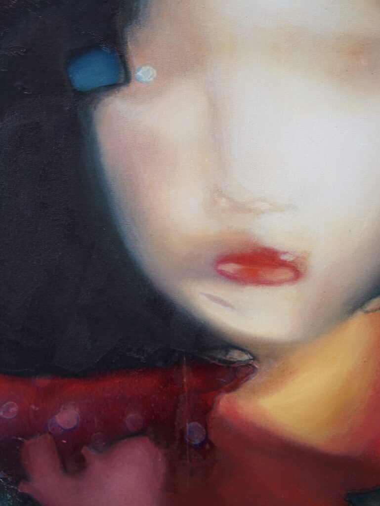 Detail view of Between Speech and Silence, 2026, showing layered photo transfers, acrylic-painted surfaces and fragmented facial imagery.
