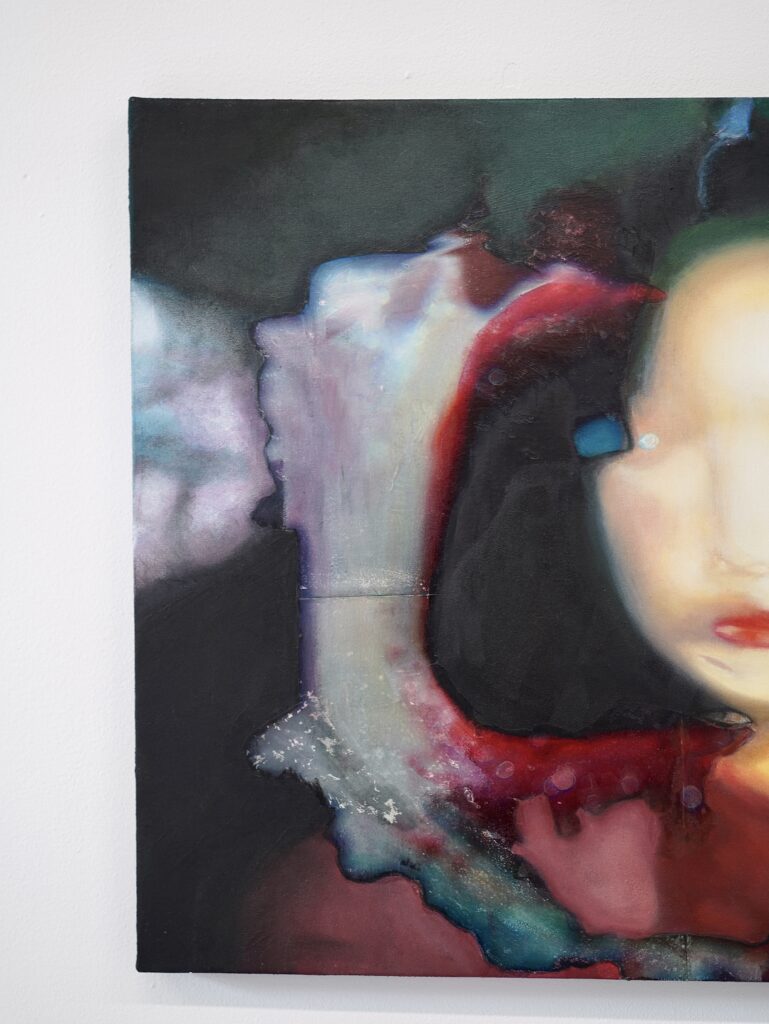 Detail view of Between Speech and Silence, 2026, showing layered photo transfers, acrylic-painted surfaces and fragmented facial imagery.