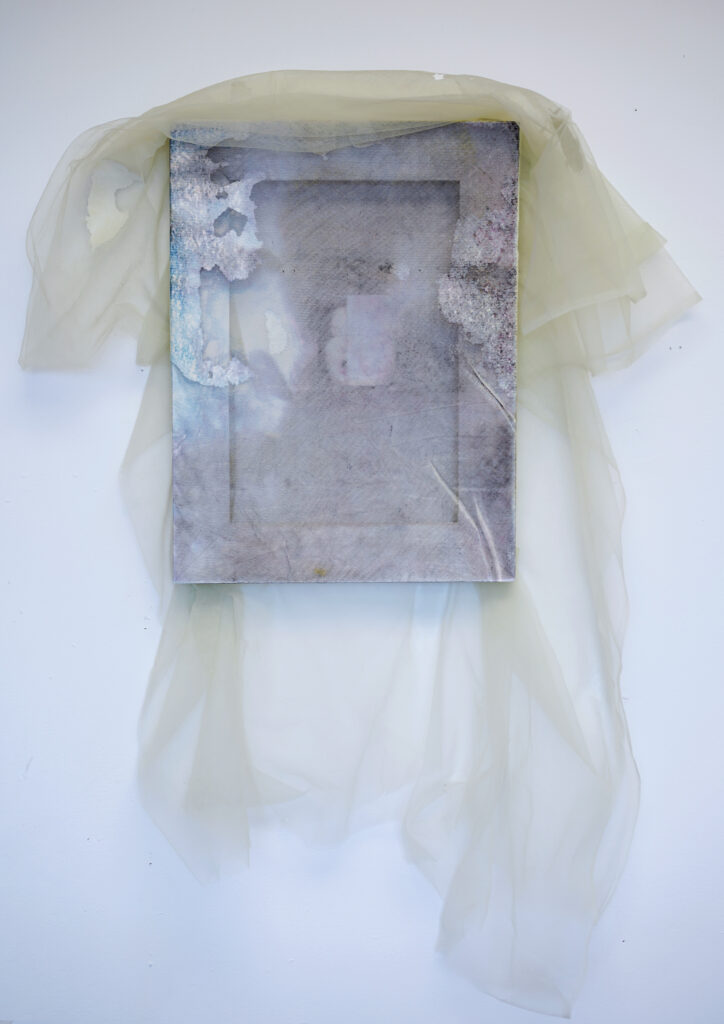 Receding, 2026. A screenprint on translucent organza combined with plaster wall skin, featuring layered and partially obscured imagery.