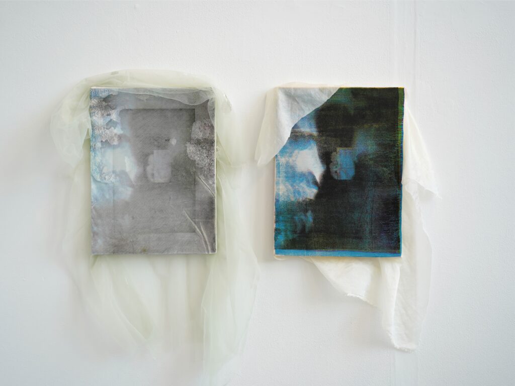 Installation view of two related works presented side by side: Receding on the left and Misregistered Gaze on the right, both combining translucent fabric, layered imagery and suspended elements.