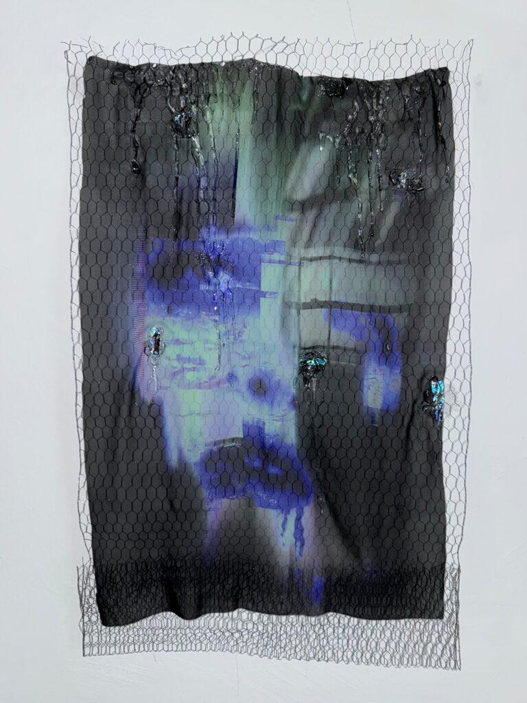 Blue Hush, 2026. A mixed-media work featuring layered blue-toned imagery, fragmented forms and textured surfaces.