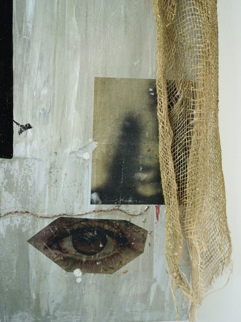 Detail view of Overflow, 2026, showing layered screenprinted imagery, jute scrim, alum crystal formations and textured acrylic surfaces.