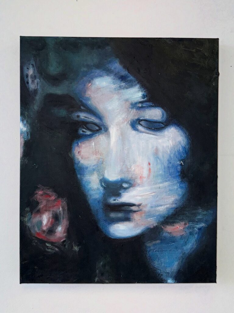 Before the Night Recognised Me, 2026. An oil painting on canvas featuring atmospheric, partially obscured imagery emerging from a darkened surface.