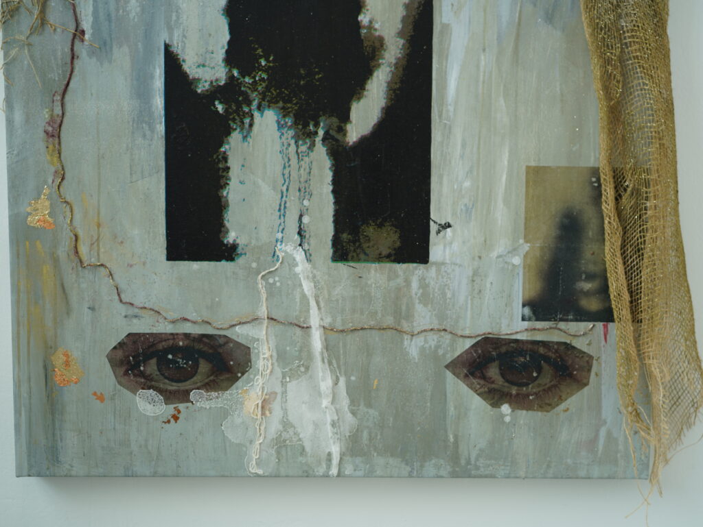 Detail view of Overflow, 2026, showing layered screenprinted imagery, jute scrim, alum crystal formations and textured acrylic surfaces.
