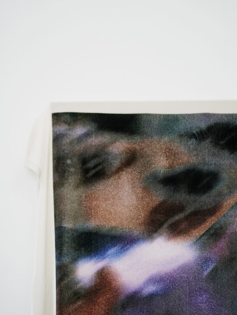 Detail view of Anatomy of an Echo, 2026, showing layered reactive dye imagery and soft, blurred colour transitions on velvet.