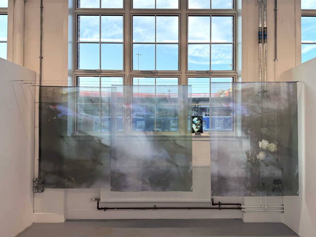 Soft Interference, 2026. A translucent digital image printed on organza, featuring layered blue-toned imagery and overlapping visual textures.