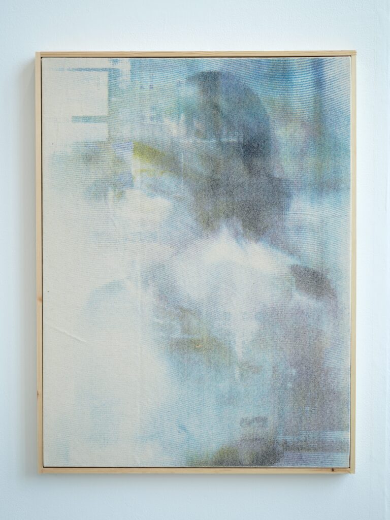 A Slow Vanishing, 2026. A pale, layered screenprint on canvas featuring a partially obscured human figure and soft, fading blue-grey imagery.