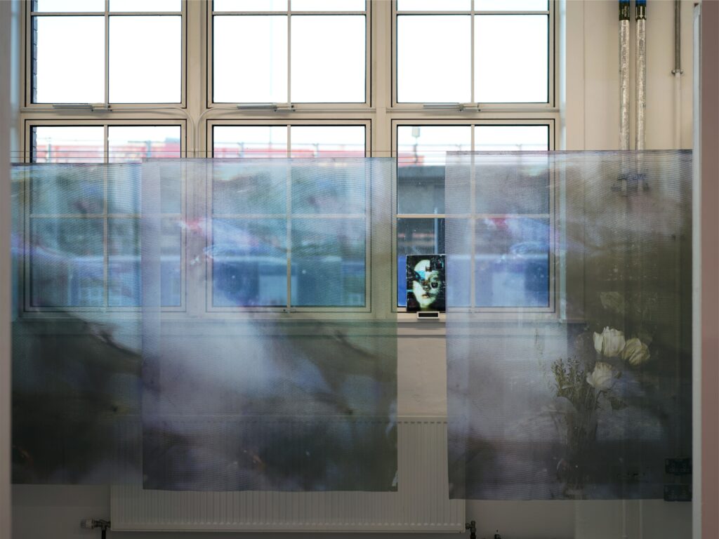 Soft Interference, 2026. A translucent digital image printed on organza, featuring layered blue-toned imagery and overlapping visual textures.