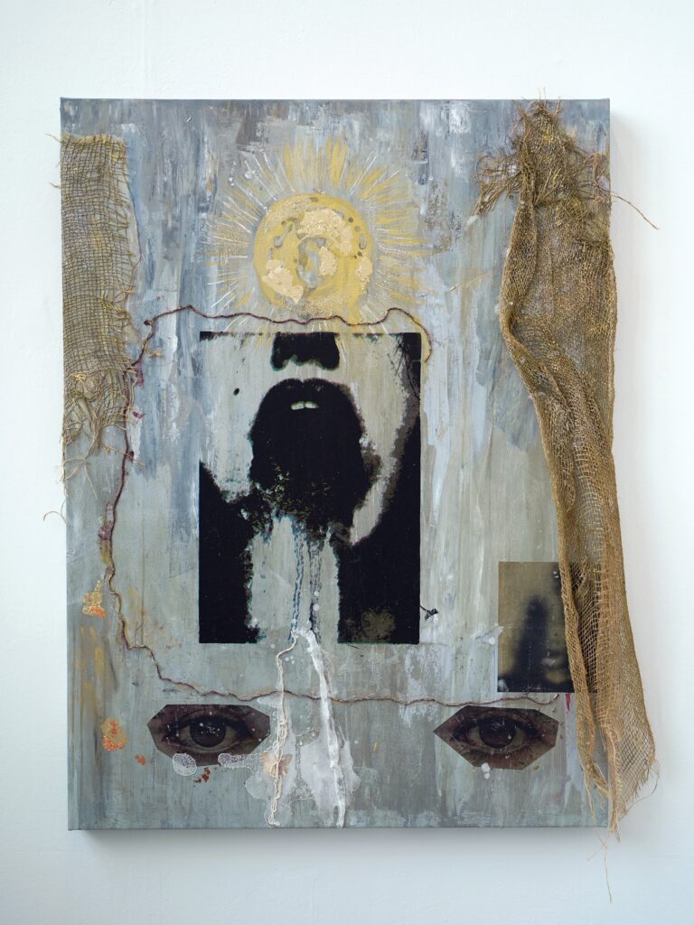 Overflow, 2026. A mixed-media canvas work featuring layered screenprinted imagery, rough jute scrim, crystalline alum formations and painted surfaces.
