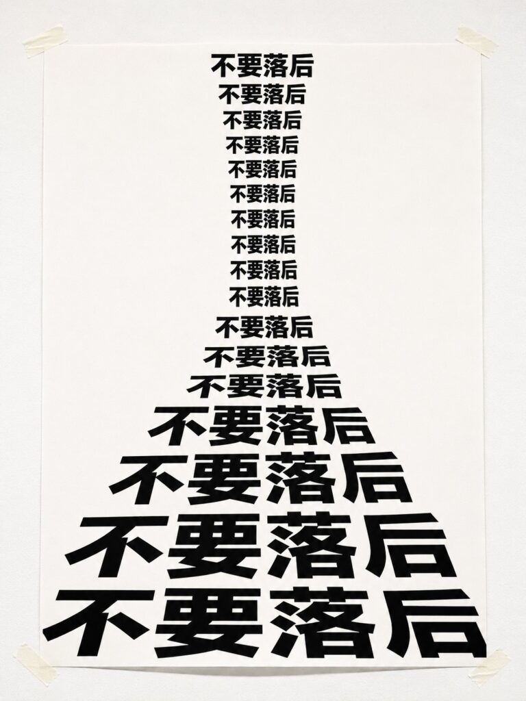 Experimental typography poster featuring the repeated Chinese phrase "不要落后" ("Don't fall behind"). The phrase gradually increases in scale and visual weight, creating a sense of accumulation and growing social pressure. Screen printed on paper.