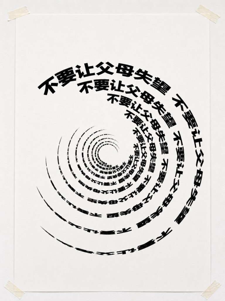 Experimental typography poster featuring the repeated Chinese phrase "不要让父母失望" ("Don't Let Your Parents Down"). The text forms a tightening spiral that draws the viewer's attention inward, suggesting the gradual internalisation of disciplinary language. Screen printed on paper.