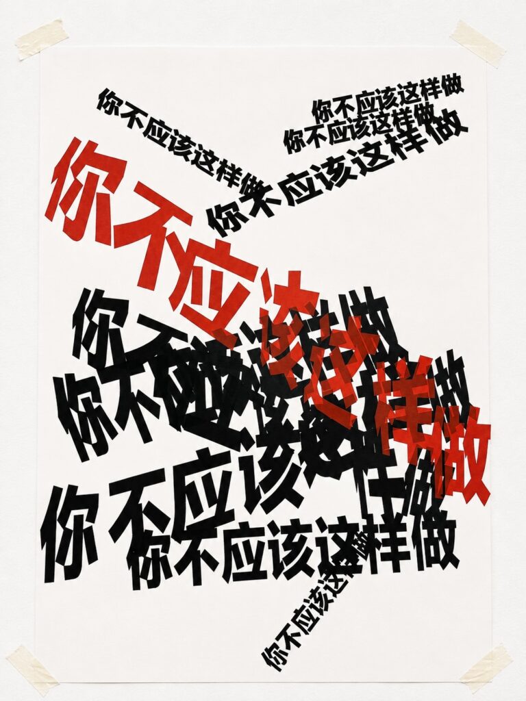 Experimental typography poster featuring the repeated Chinese phrase "你不应该这样做" ("You Shouldn't Do That"). Overlapping layers of black and red text create visual conflict and obstruction, expressing the intrusive and confrontational nature of disciplinary language. Screen printed on paper.