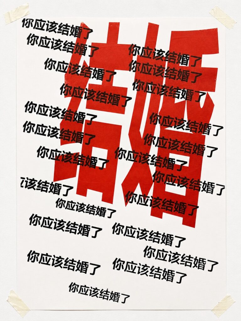 Experimental typography poster featuring the repeated Chinese phrase "你应该结婚了" ("You Should Get Married"). Layers of black text overlap with bold red typography, creating visual obstruction that reflects the dominance of social expectations surrounding marriage. Screen printed on paper.