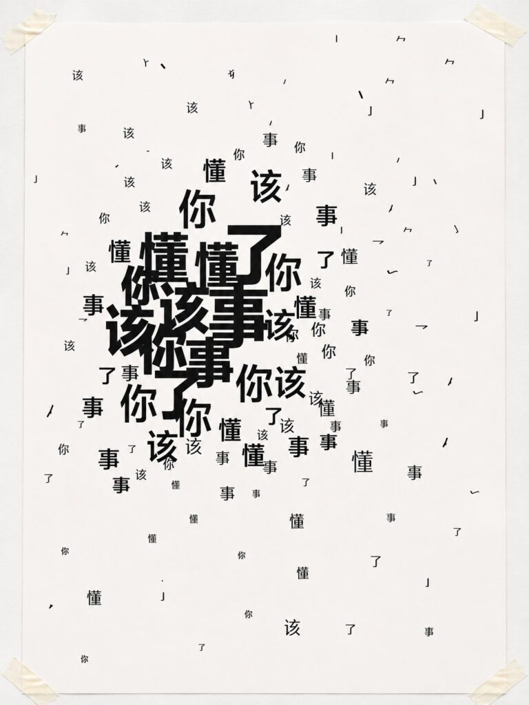 Experimental typography poster featuring the Chinese phrase "你该懂事了" ("You Should Be More Sensible"). The typography gradually fragments into scattered characters, suggesting the internalisation of disciplinary language and the dissolution of a coherent sense of self. Screen printed on paper.