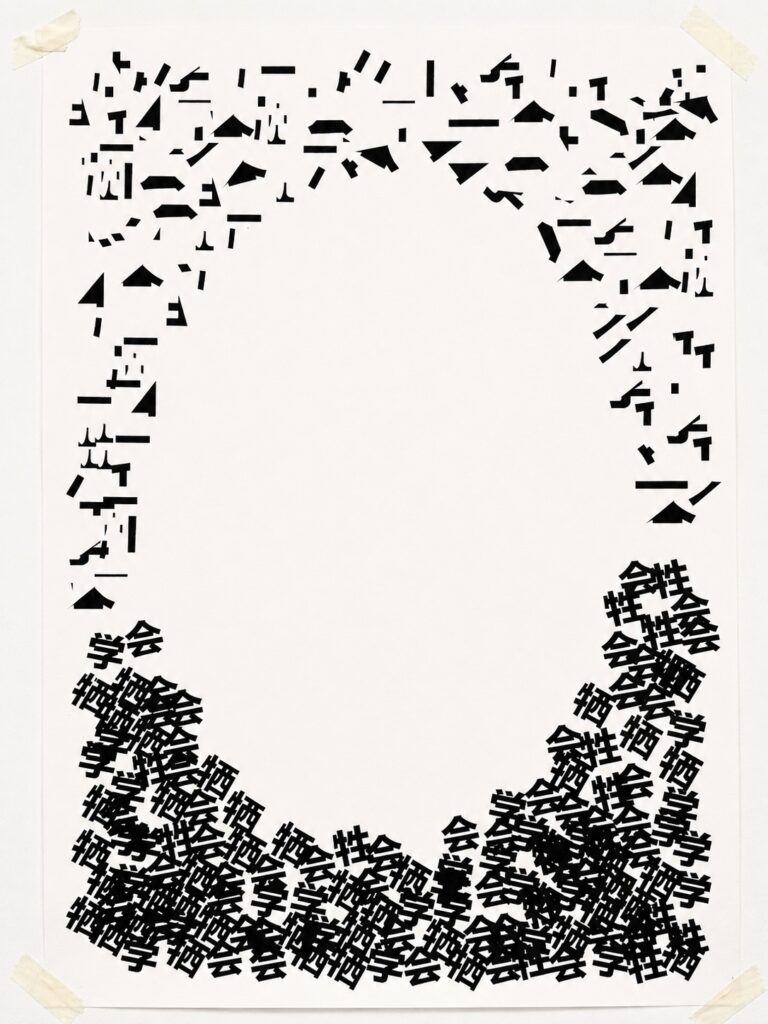 实验性字体海报，以中文短语“学会牺牲”为主题。破碎的汉字围绕着中央空隙聚集，营造出文字取代了个体存在的视觉印象。纸张上丝网印刷而成。