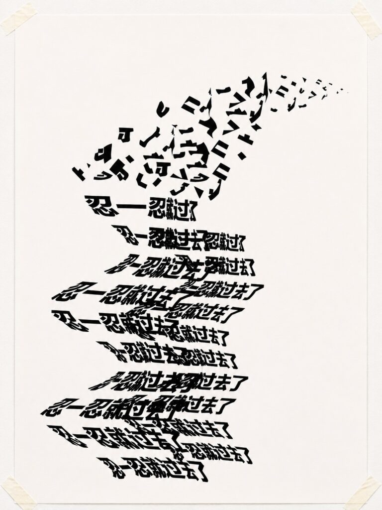 Experimental typography poster featuring the Chinese phrase "忍一忍就过去了" ("Just endure it and it will pass"). Repeated text fragments stretch diagonally across the composition, gradually breaking apart to suggest movement, distortion and the normalisation of endurance. Screen printed on paper.