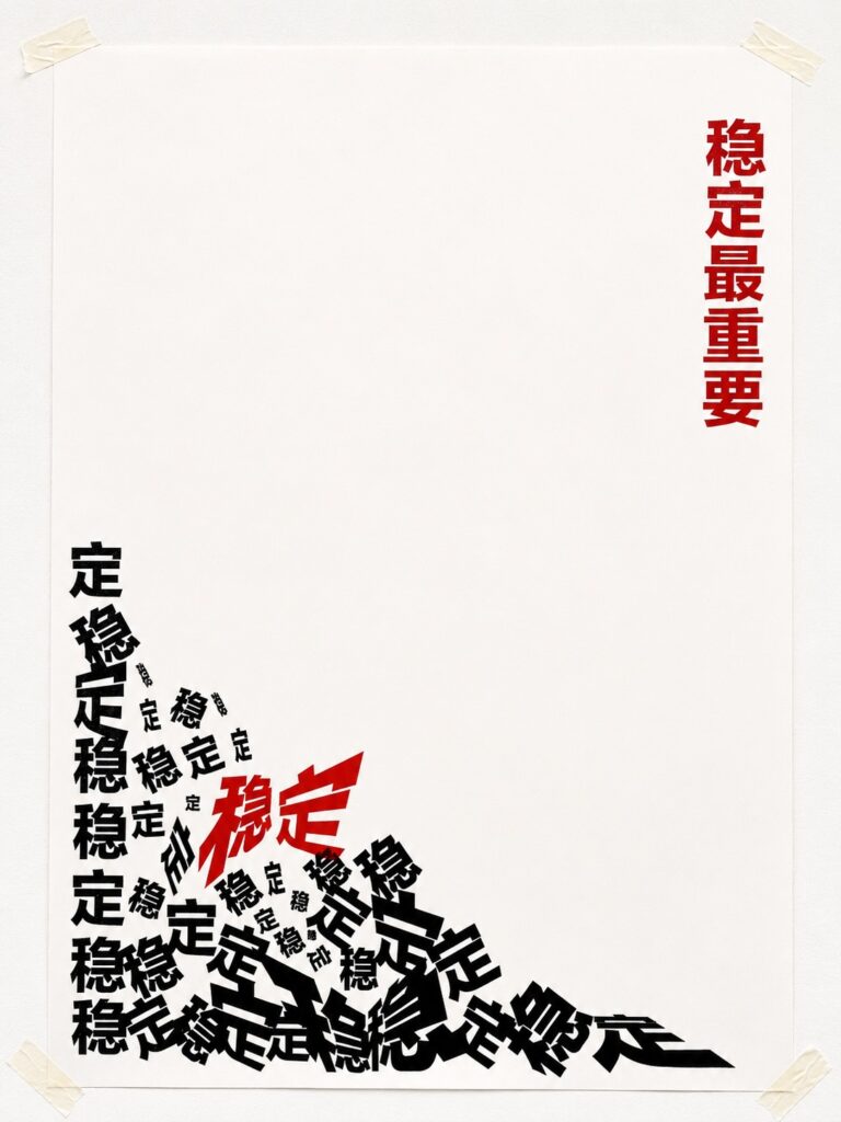 Experimental typography poster featuring the repeated Chinese phrase "稳定最重要" ("Stability Is Most Important"). Layers of overlapping typography gradually accumulate into a dense typographic mass, expressing the persistent pressure of social expectations surrounding stability. Screen printed on paper.