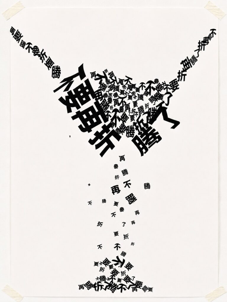 Experimental typography poster featuring the Chinese phrase "不要再折腾了" ("Stop making trouble"). The repeated text forms a fragmented structure that appears to pull apart while breaking into scattered characters, suggesting resistance, collapse and the suppression of personal agency. Screen printed on paper.