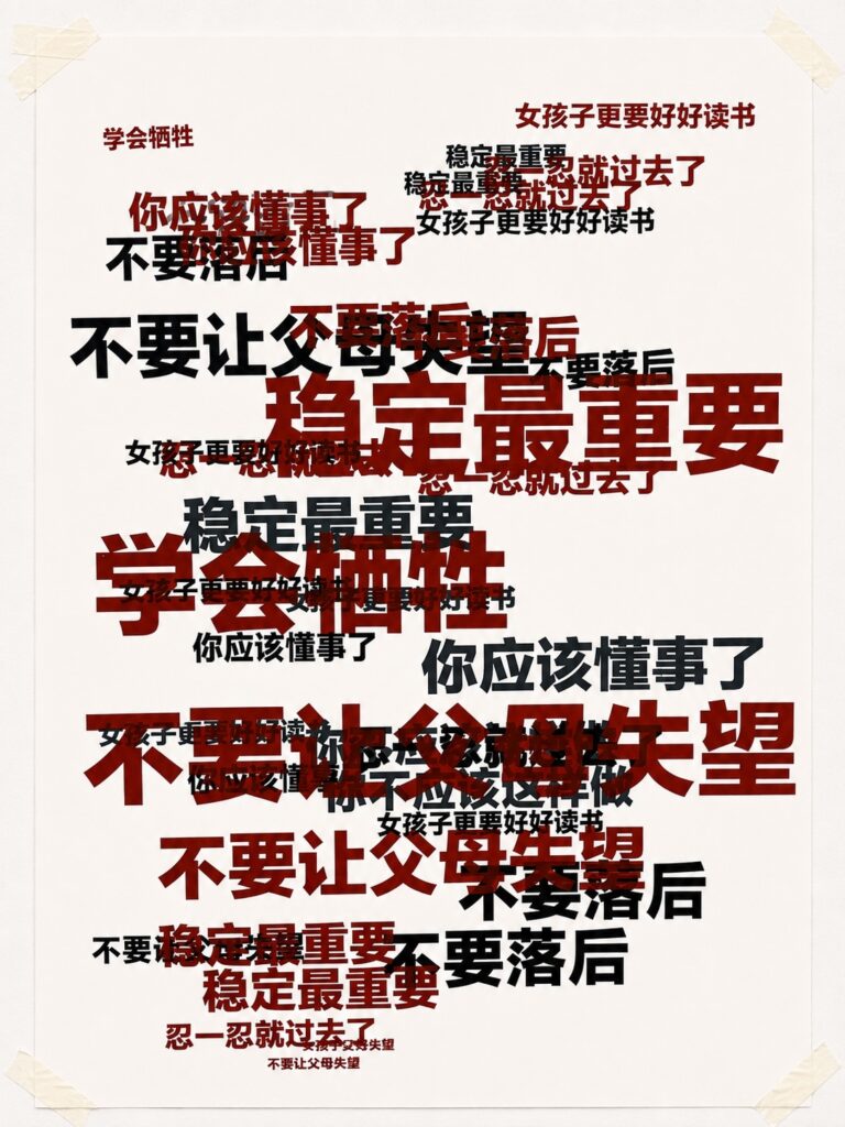 Experimental typography poster combining multiple Chinese disciplinary phrases from the series into a dense layered composition. Overlapping words form a chaotic visual field, suggesting the accumulation, persistence and inescapability of disciplinary language. Screen printed on paper.
