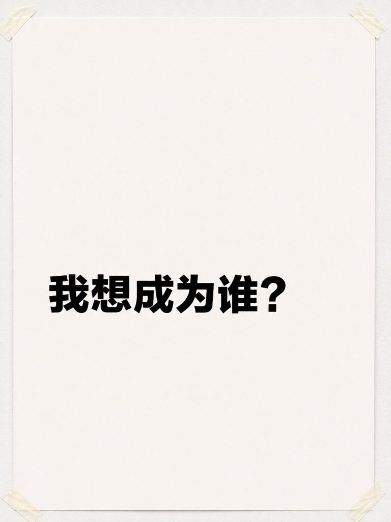 Experimental typography poster featuring the Chinese question "我想成为谁?" ("Who do I want to become?"). A single line of text is placed within a large area of empty space, creating a quiet visual contrast with the density of the preceding works. Screen printed on paper.