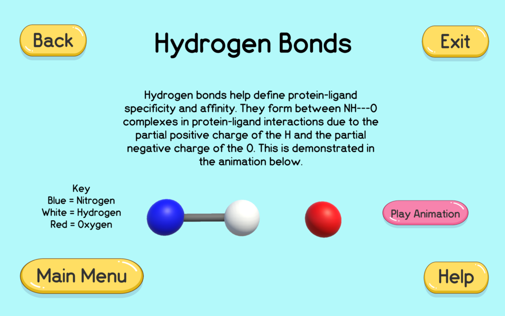 There is a title and a small paragraph of text. There is a model of a hydrogen bond forming and it can be played as an animation using the play animation button on the side of the screen. There are buttons in each corner of the screen.