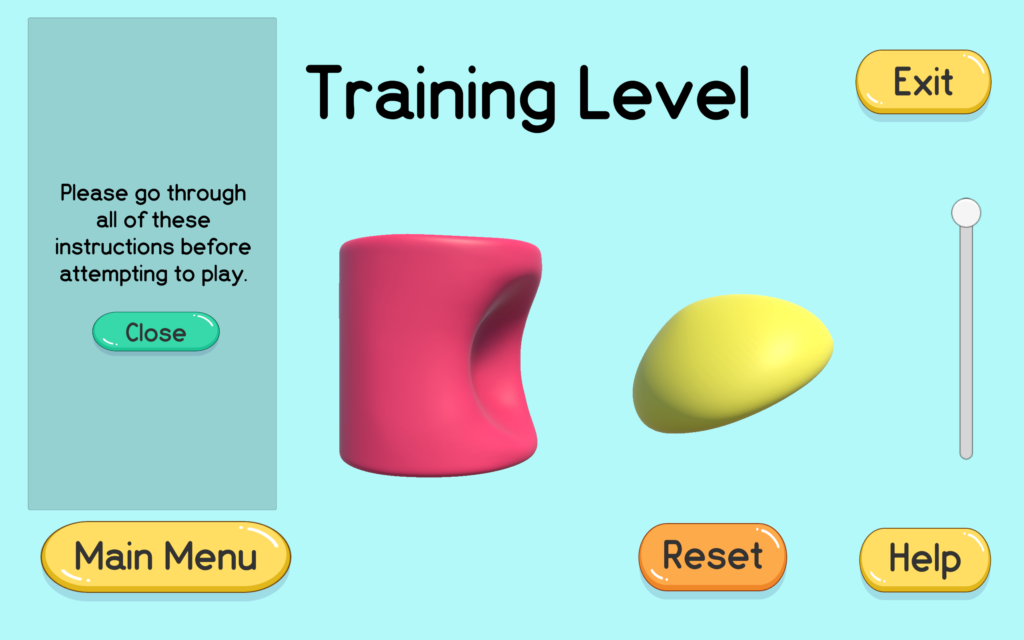 There is a receptor and ligand model on the screen. Each one is very simplistic in form. There are instructions on one side of the screen and a zoom in and out slider on the other side. There is a rest button at the bottom of the screen.