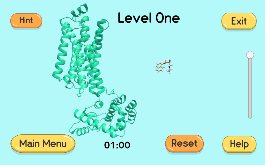There is a beta-2 adrenoceptor ribbon model and a propranolol model in the center of the screen. There is a hint button in the top left corner, a zoom in and out slider on the right side, and a timer at the bottom on the screen.