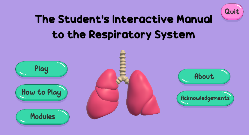 There is a lung model in the center with buttons flanking both sides of it. There is a large title across the top.