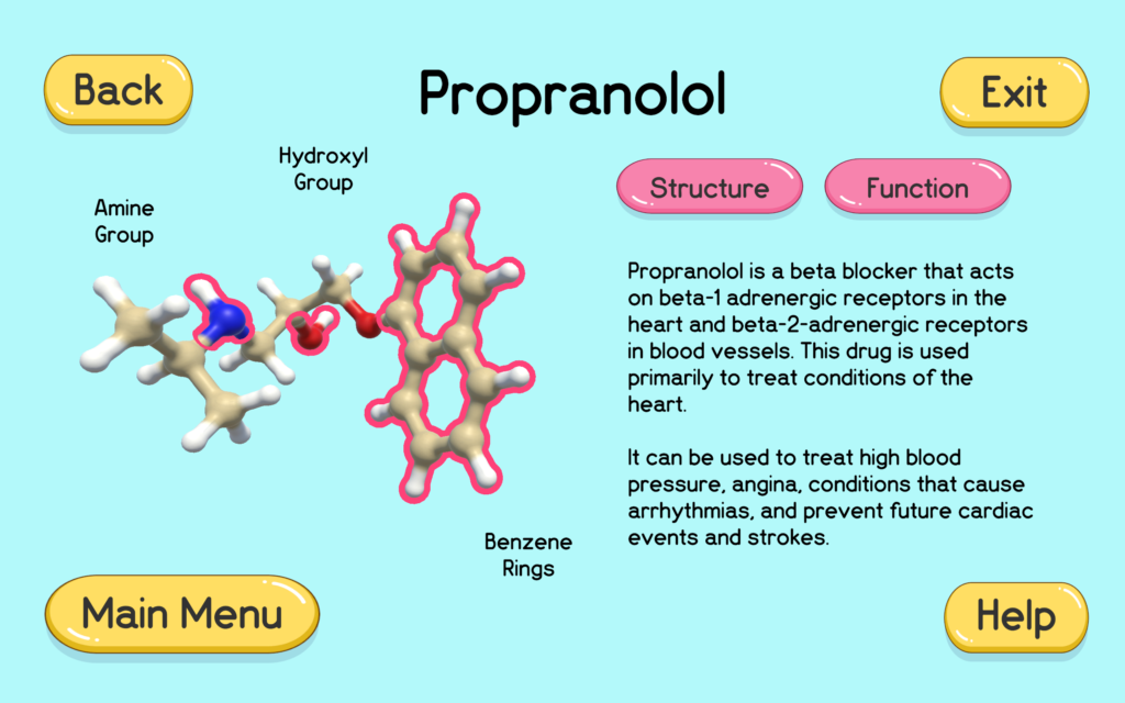 There is a propranolol model on one side of the screen. There is a structure and function button with a small paragraph of text corresponding to each. There are buttons in each corner of the screen.