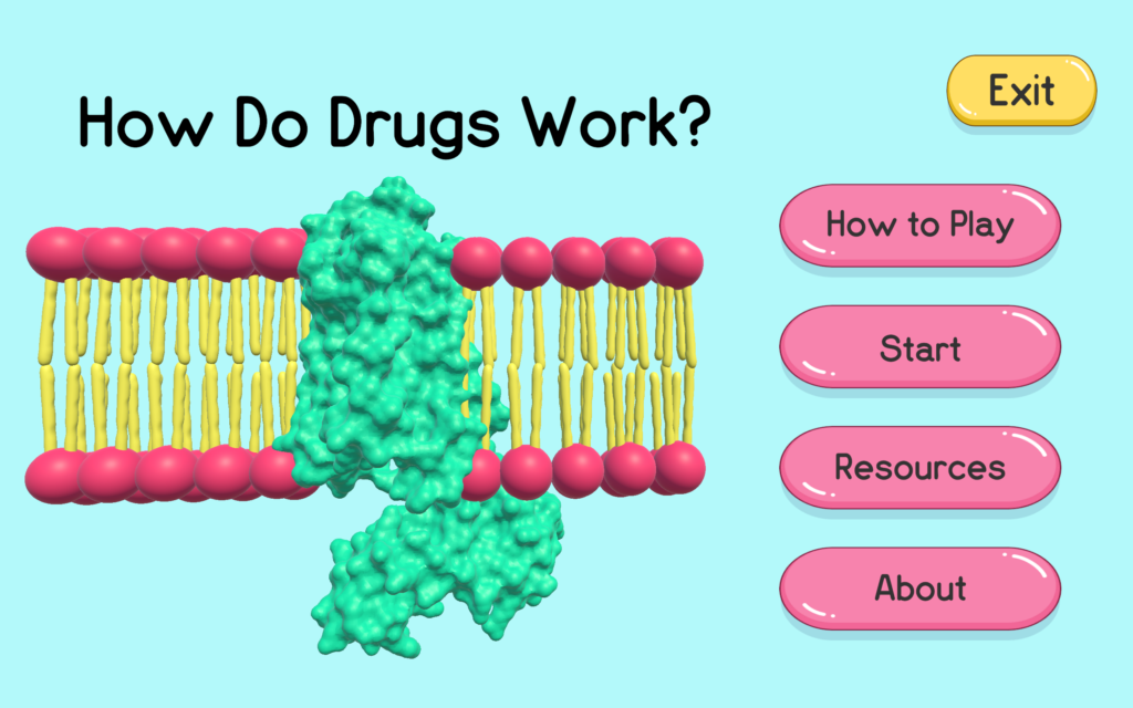 There is a cell membrane model with a beta-2 adrenoceptor surface model. There is a title above the model. There are four buttons on the side.