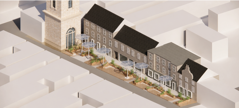 Axonometric view of proposed seating, planting and sheltered spaces along the building–street edge of Forres High Street.